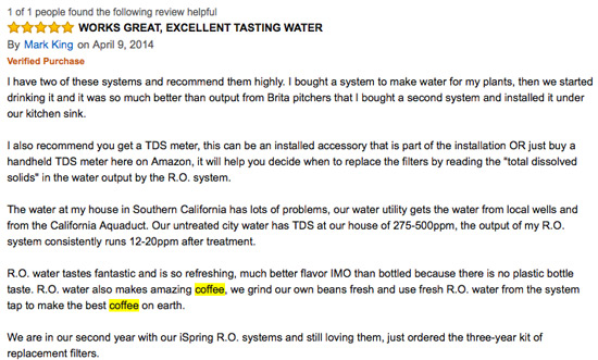user reviews on Amazon specifically relating to the RO water purification system and coffee افزایش کیفیت و طعم قهوه با استفاده از دستگاه تصفیه آب
