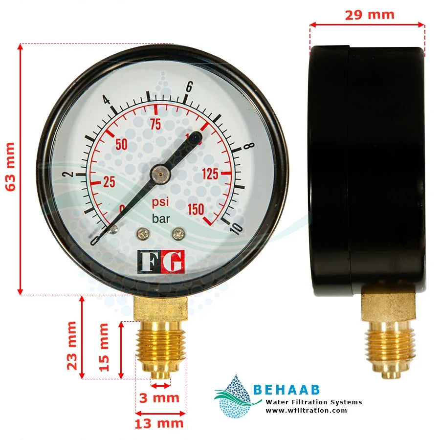 گیج فشار تصفیه آب FG - Water Pressure Gauge for Reverse Osmosis Filtration Systems FG