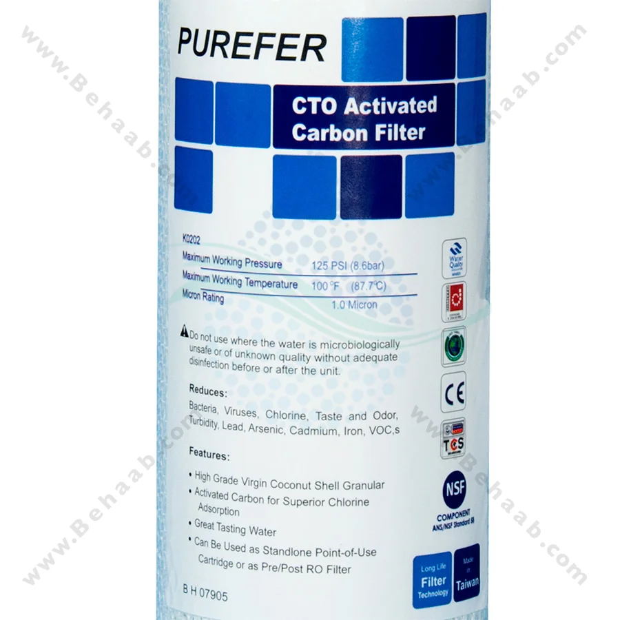 فیلتر کربن بلاک تانک پک پیوریفر - 10 Inch Carbon Block CTO Water Filter Cartridge Purefer