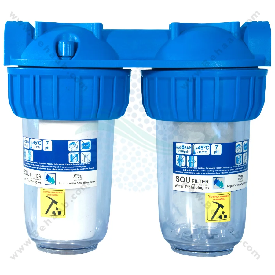 رسوب گیر الیافی و پلی فسفات PTS-7202 - 7 Inch 2 Stage PP and Polyphosphate Water Filter for Heating System Inlet