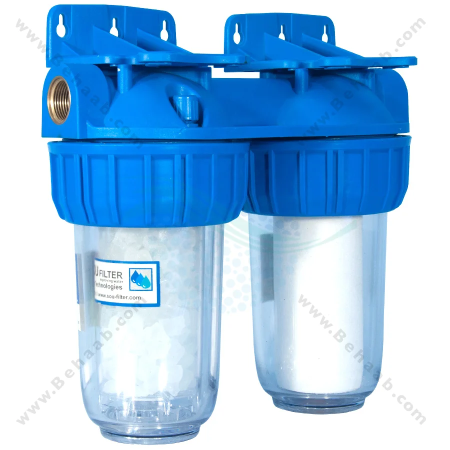 رسوب گیر الیافی و پلی فسفات PTS-7202 - 7 Inch 2 Stage PP and Polyphosphate Water Filter for Heating System Inlet