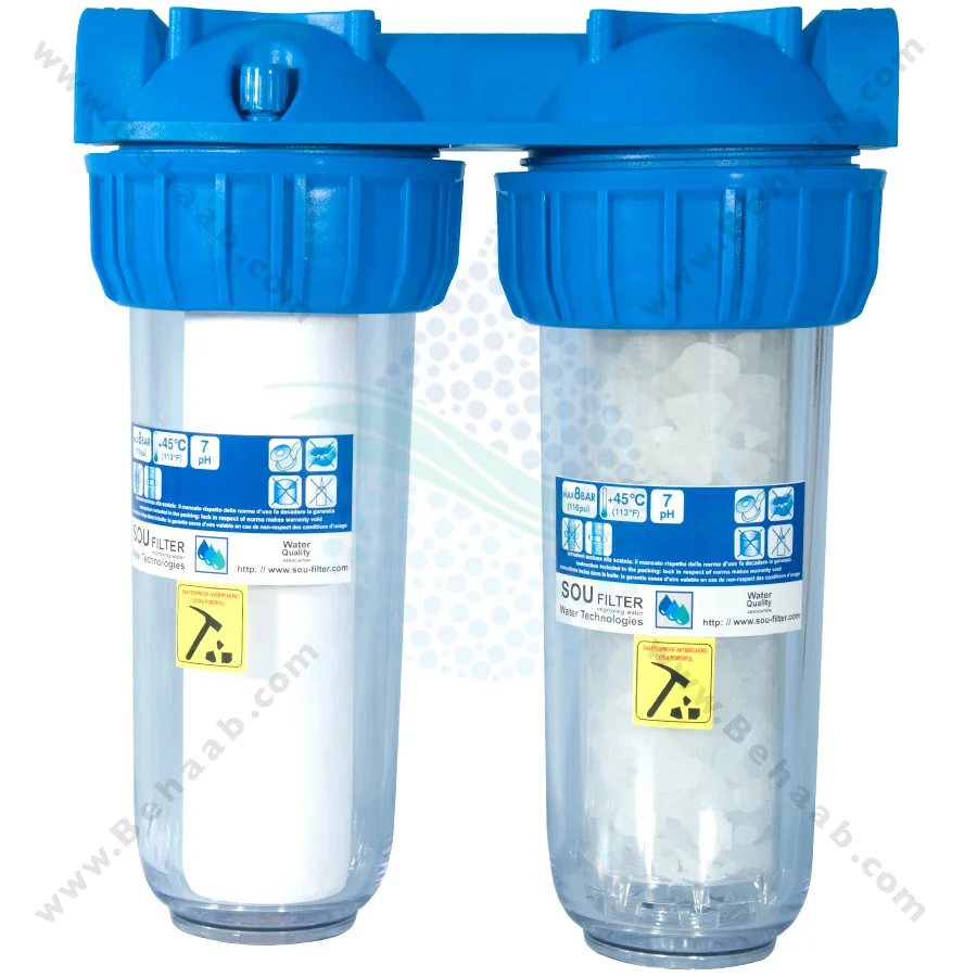 رسوب گیر الیافی و پلی فسفات PTS-102S-06 - 10 Inch 2 Stage PP And Polyphosphate Water Filter for Heating System Inlet