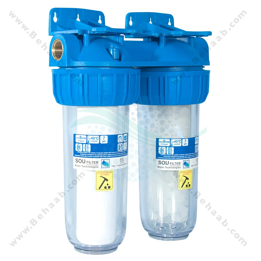 رسوب گیر الیافی و پلی فسفات PTS-102S-06 - 10 Inch 2 Stage PP And Polyphosphate Water Filter for Heating System Inlet