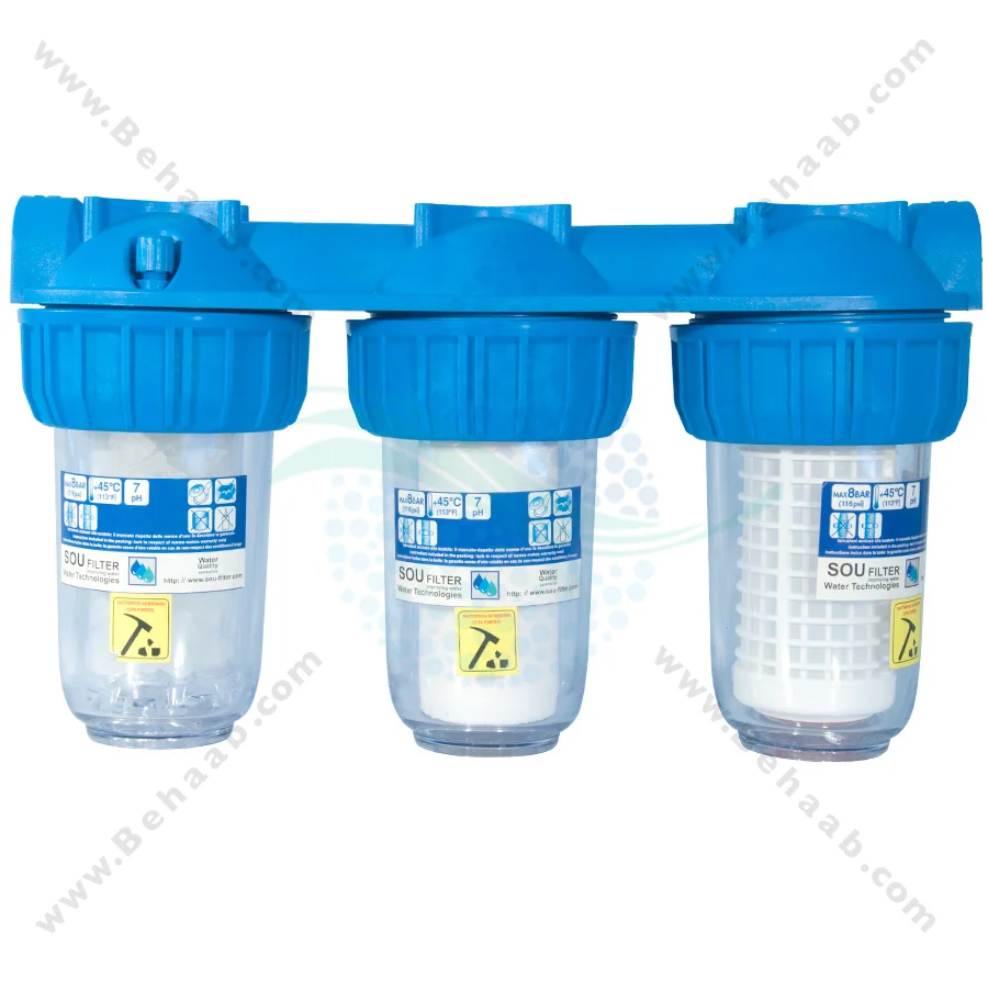 رسوب گیر 3 مرحله‌ای PTS-7302 - 7 Inch 3 Stage Washable Net Filter-PP And Polyphosphate Water Filter for Heating System Inlet