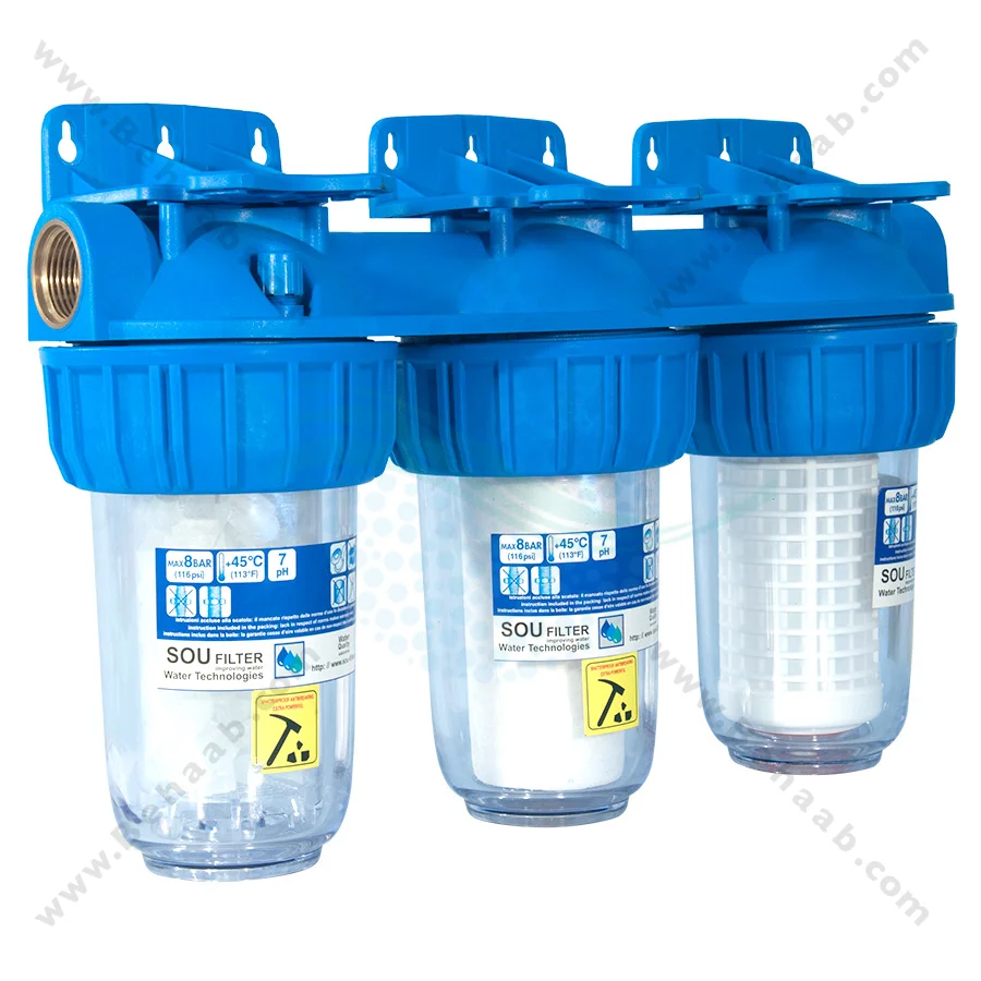 رسوب گیر 3 مرحله‌ای PTS-7302 - 7 Inch 3 Stage Washable Net Filter-PP And Polyphosphate Water Filter for Heating System Inlet