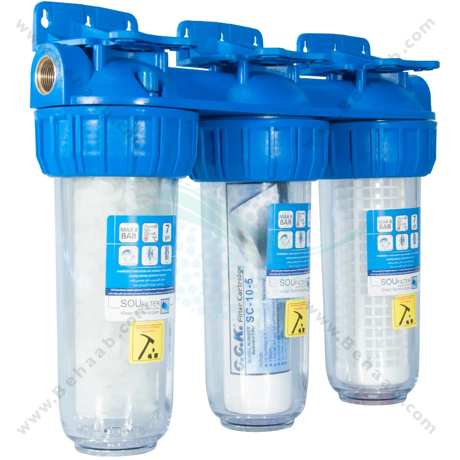 رسوبگیر 3 مرحله‌ PTS-103S-08 - 10 Inch 3 Stage Washable Net Filter-PP And Polyphosphate Water Filter for Heating System Inlet