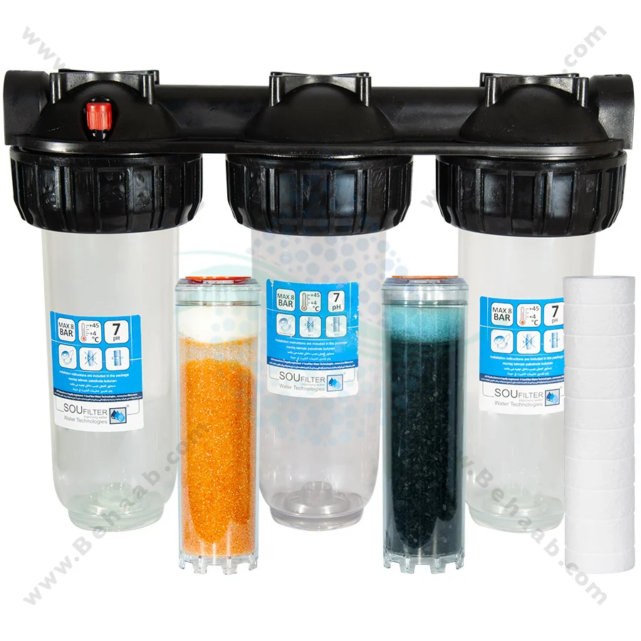 رسوب گیر کولر آبی با فیلتر الیافی، کربن و رزینی 10 اینچ - Anti Scaling Swamp Cooler with 10 inch PP-GAC and Resin Water Filter