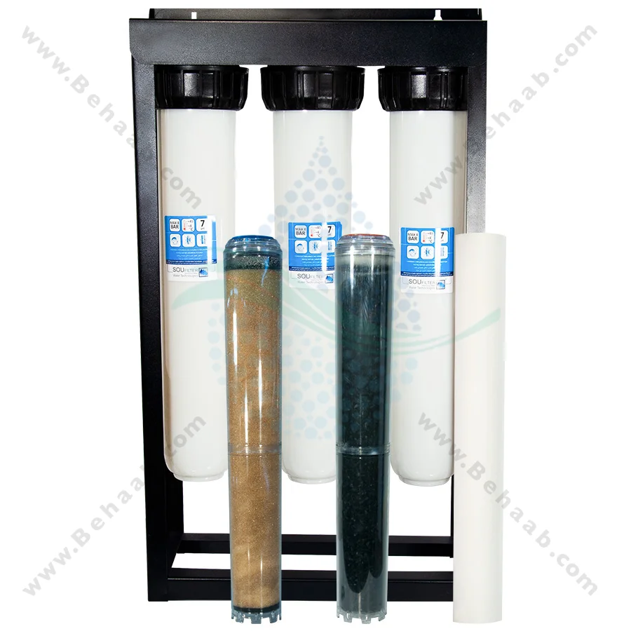 رسوب گیر کولر آبی با فیلتر الیافی، کربن و رزینی 20 اینچ اسلیم - Anti Scaling Swamp Cooler with 20 inch Slim PP-GAC and Resin Water Filter