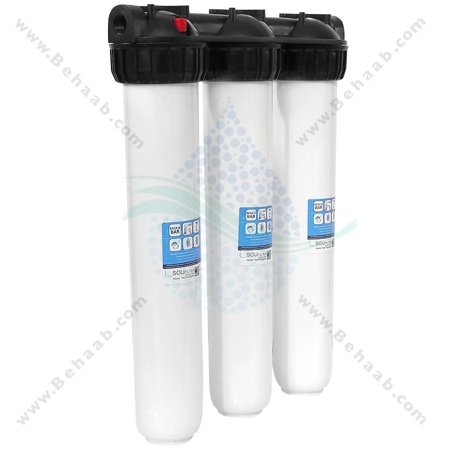 رسوب گیر کولر آبی با فیلتر الیافی، کربن و رزینی 20 اینچ اسلیم - Anti Scaling Swamp Cooler with 20 inch Slim PP-GAC and Resin Water Filter