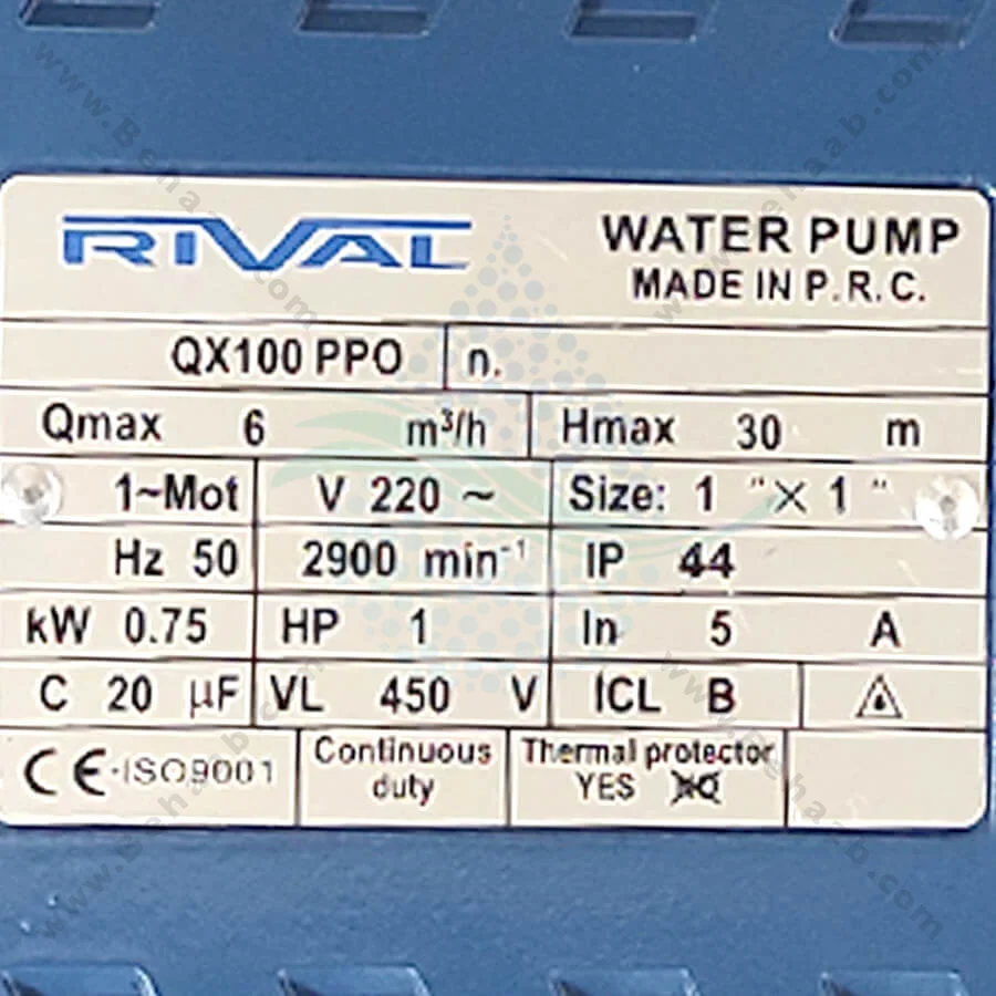 پمپ آب یک اسب ریوال مدل QX100 PPO - Rival 1 HP Water Pump QX100 PPO