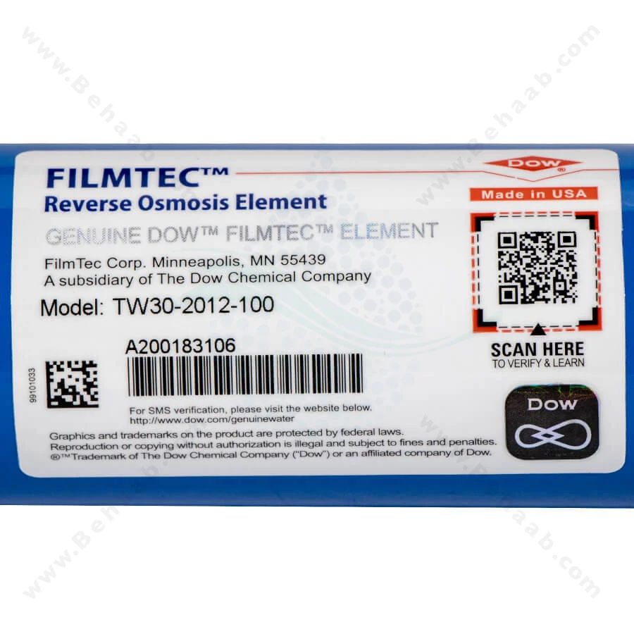 فیلتر ممبران  100 گالن فیلمتک مدل TW30-2012-100 اورجینال - Dow Filmtec TW30-2012-100 GPD Reverse Osmosis Membrane