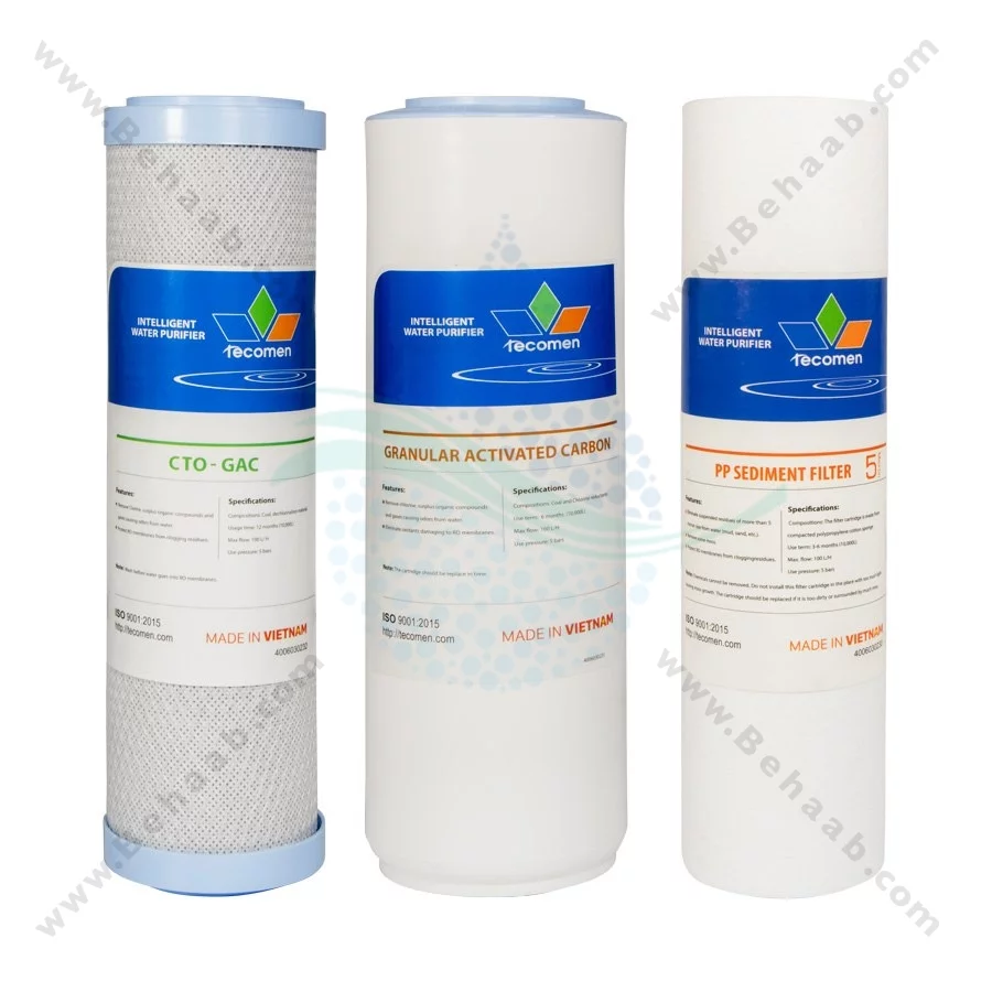 پک 3 عددی فیلتر تصفیه آب تکومن - Tecomen 3-Stage 10 Inch Water Filter Cartridge Set PP GAC CTO
