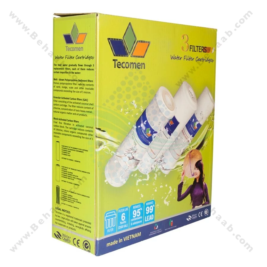 پک 3 عددی فیلتر تصفیه آب تکومن - Tecomen 3-Stage 10 Inch Water Filter Cartridge Set PP GAC CTO