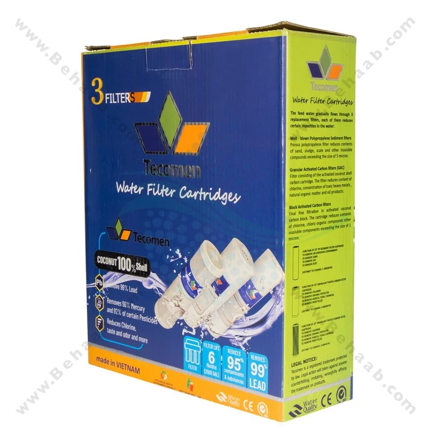 پک 3 عددی فیلتر تصفیه آب تکومن - Tecomen 3-Stage 10 Inch Water Filter Cartridge Set PP GAC CTO
