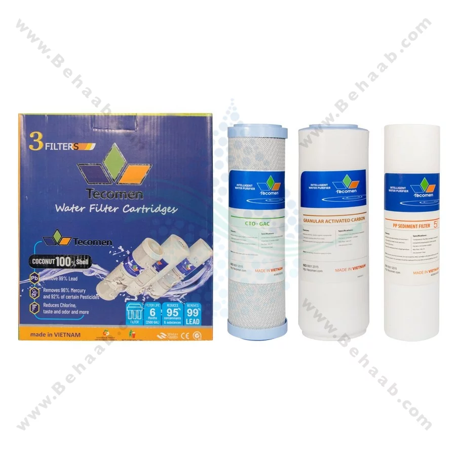 پک 3 عددی فیلتر تصفیه آب تکومن - Tecomen 3-Stage 10 Inch Water Filter Cartridge Set PP GAC CTO